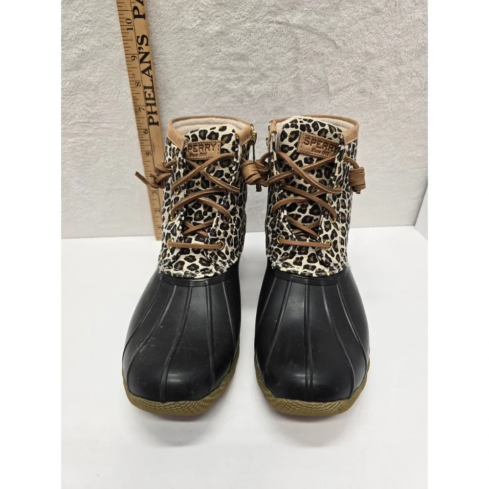 Sperry Saltwater Duck Boots Leopard Print Waterproof Black Tan Womens 7